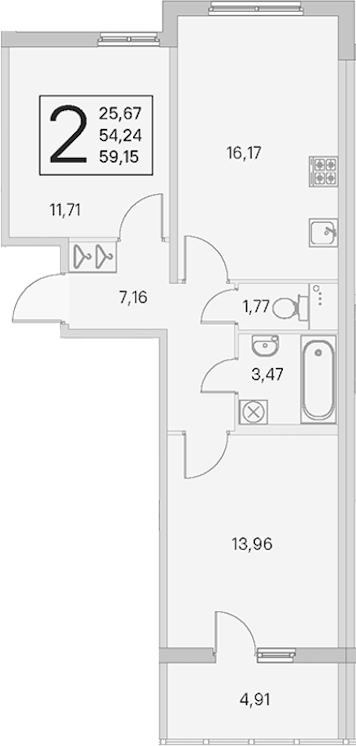 2-комнатная квартира 54.24 м², 1/4 эт., ЖК «Любоград в Стрельне»